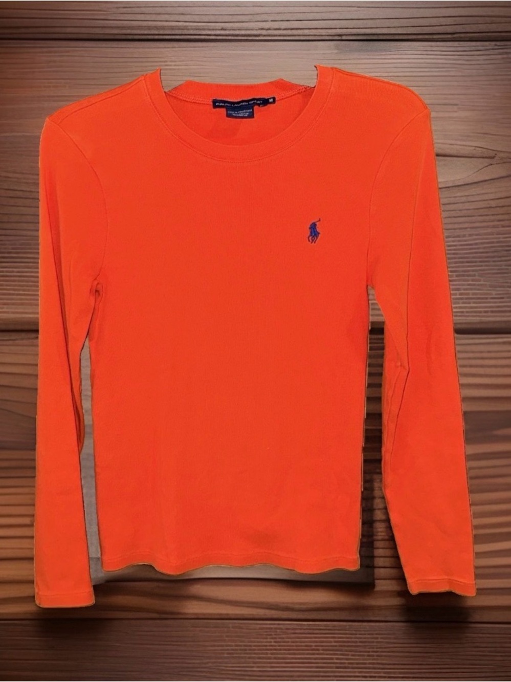 Ralph Lauren Sport Long-Sleeve Crewneck Ribbed Top in Orange w/Navy Polo-M-EC